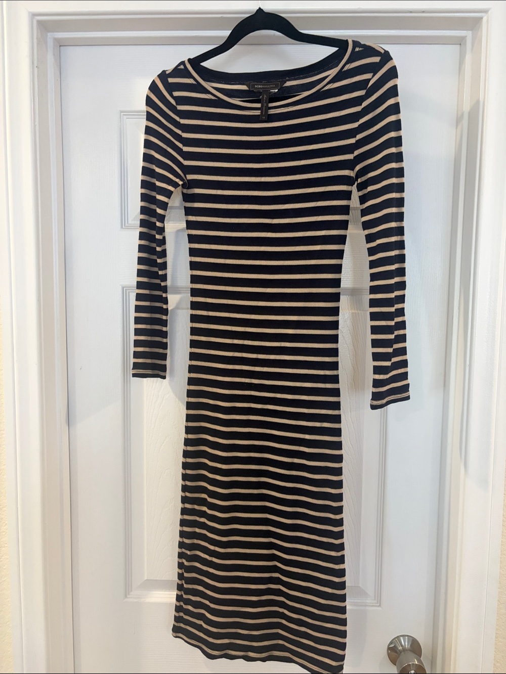 BCBGMaxAzria Navy and Tan Striped Long Sleeve Midi Dress